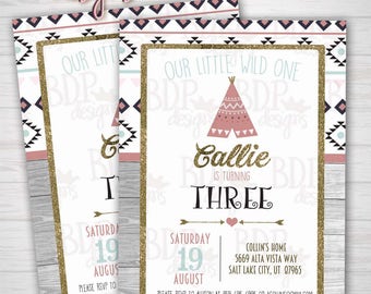 Tribal Teepee Our Little Wild One, 3rd/ANY Birthday Invitation Aztec - Customized Digital Download OR Prints (Details Below)
