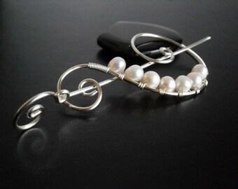 Shawl Pin, Pearl Brooch Pin Wire Wrapped , Scarf Pin, Handmade Silver Pin, Wire Shawl PIn