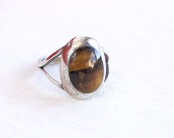 Tigers Eye Ring Size 6 Oval Dome Vintage Mexican Sterling Silver Jewelry Amber Honey Solitaire