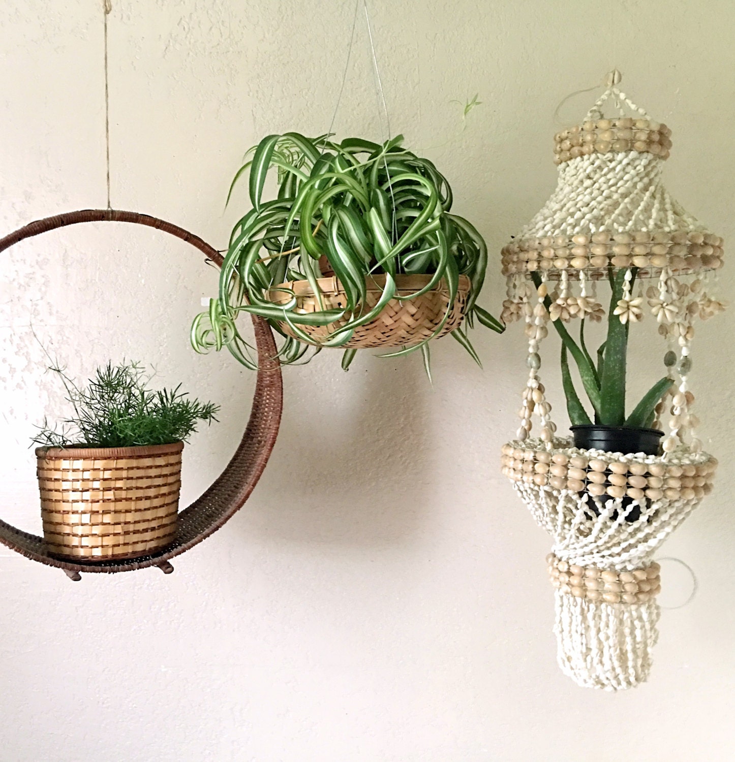 Vintage Woven Rattan Hanging Basket Round Bowl