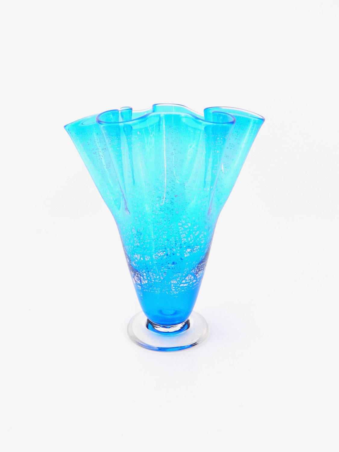 Hand Blown Art Glass Vase in Aqua Blue and Silver