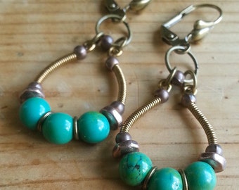 Boho hoop earrings with antique turquoise beads