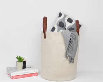 Laundry Basket, Laundry Hamper, Fabric Basket, Storage Basket, Toy Storage, Nursery Basket, Beige Fabric Basket with Leather Handles