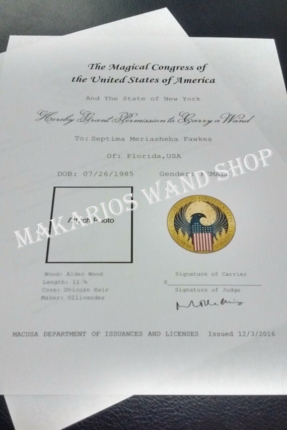 Harry Potter Wand Permit/Certificate Custom Fantastic Beasts