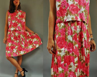1960s Pink Floral Cropped Blouse and Skirt Two Piece Co-Ord Set