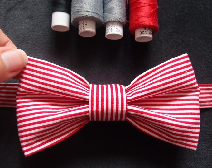 Red White Bow tie, Striped Bow tie, Unisex Bowtie, Cotton Adjustable Bow tie, Bow ties and Suspenders, Ladies Bow tie, Mens bow tie