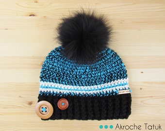 Rustik hat. Black, turquoise and cream woman crochet winter hat with buttons and fur pompom by Akroche Tatuk (made to order)