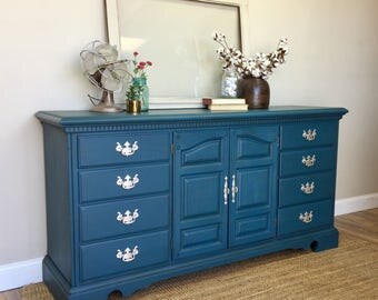 Blue Dresser - Baby Nursery Furniture - Media Dresser - Long Dresser - Fixer Upper Furniture - TV Credenza - Beach Cottage Furniture