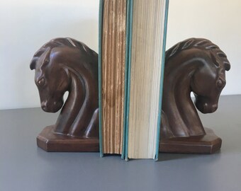 vintage ceramic horse head bookends brown faux bois deco