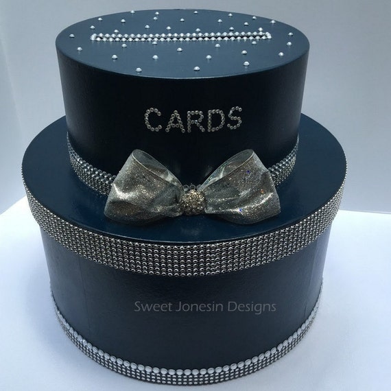 Navy Blue Wedding Cake Card Box Bling Ribbon