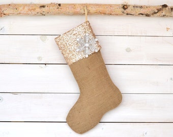 Burlap Christmas Stocking with Champagne Sequins