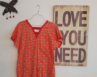 Vintage 1960s Mini Dress , Geometric Dress , Bohemian Summer Dress, Cotton, Size 8
