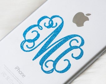 Glitter MONOGRAM DECAL for PHONES Small Interlocking Vine Monogram Circle Scrolly Monogram Decal