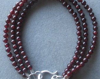 Triple Strand Beaded Garnet Sterling Silver Bracelet, January Birthstone