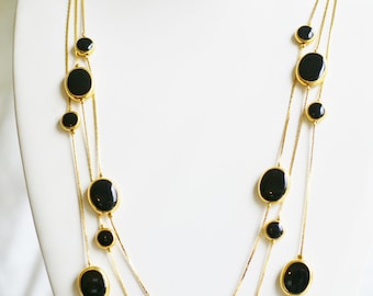 Vintage Avon Gold Tone Necklace - Silver Plated Triple Strand Station Necklace - Black Inset in Gold Beads, Gift for Her