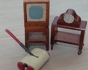 Vintage dollhouse furniture, TV, clock, carpet sweeper and side tables