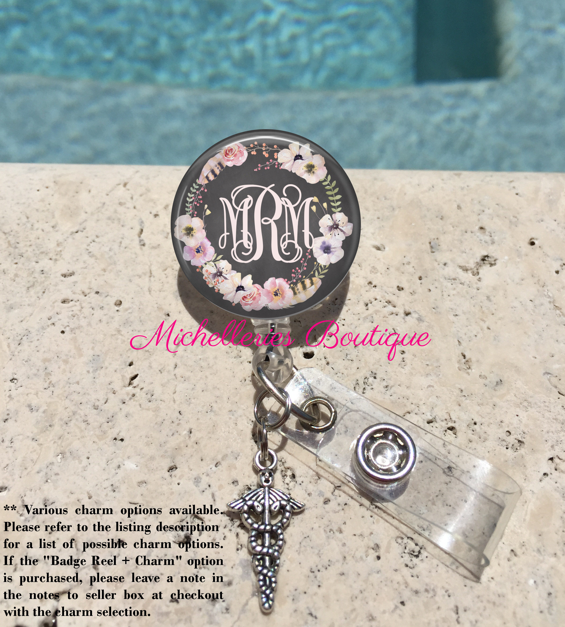 Retractable Badge Holder, Boho Floral Chalkboard Personalized Badge Reel, Monogram Badge Reel, Nurse Badge Reel, Badge Holder, MB354