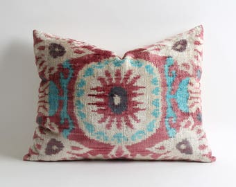 Pink decorative silk velvet ikat pillow cover // 16x20 handwoven hand dyed pink boho pillows // lumbar ikat velvet pillow