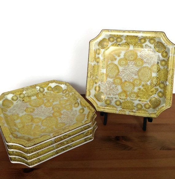 Chrysanthemum by Sadek plates vintage set of 5 square dishes yellow mums