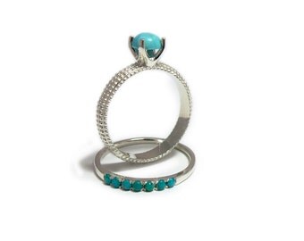 Turquoise wedding ring set, Turquoise wedding bands, Silver Turquoise ring set, December birthstone ring, Engagement and wedding rings set.
