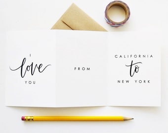 CUSTOM Long Distance Relationship Card / I Love You from...Custom State or Country, Hand Lettered Card / A1 Tri Fold / Charitable Donation