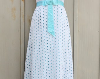 White Eyelet Dress - 50s Prom Dress - 1950s Gown - Vintage Polka Dot Dress - 60s Rockabilly Dress - 1960s Sleeveless Maxi Dress - Mod Dress