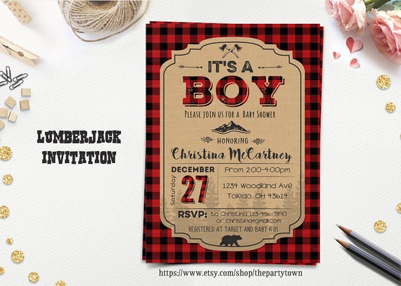 Lumberjack Baby Shower Invitation It S A Boy Winter Shower Printable Buffalo Plaid Woodland Buffalo Plaid Invitation Template