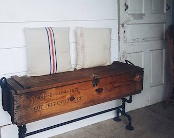 Farmhouse Industrial Storage Bench - Reclaimed Ammo Box and Iron Pipe - LOCAL PICK UP