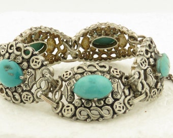 Vintage Sterling Silver Natural Blue Turquoise 6.5" Hinged Bracelet w/ Safety Chain.