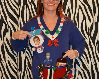 Beer, flask holder Party Sweater, Small (runs big), Personalize, Ugly Christmas sweater, new years eve, alcohol, party sweater, party pocket