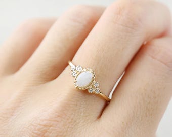 14k gold natural opal ring, Oval white opal, October Birthstone, Solid Gold, Unique Statement Ring, Solitaire Ring, ado-r103-opa