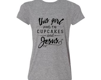 Christian T shirt - This Girl Runs on Cupcakes & Jesus Gray Tee for Her - Christian Shirt - Christian Apparel - Jesus Tee