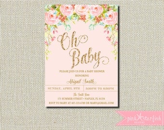Pink and Gold Baby Shower Invitation, Watercolor Floral Baby Shower Invitation, Baby Shower, Pink, Gold Glitter, Watercolor Flower, Digital