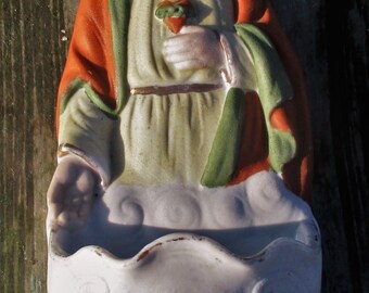 Vintage Polychrome Holy Water Font Porcelain Wall Hanging Jesus Christ