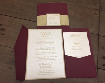 Burgundy Wedding Invitation, Burgundy and Gold Glitter Pocket Wedding Invitation, Pocket Invitations, Marsala Invitation, Wine Invitation