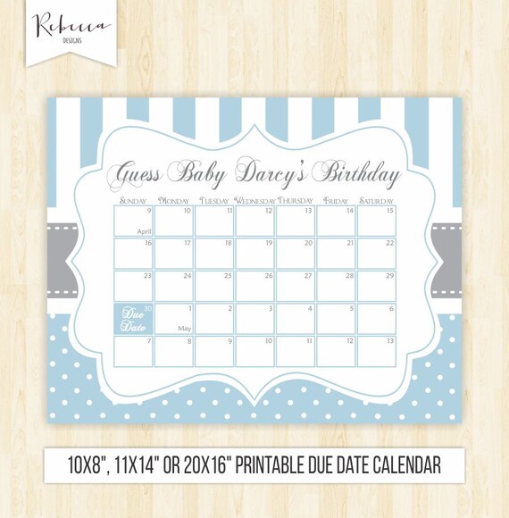 Guess the date boy printable due date calendar blue baby shower ...