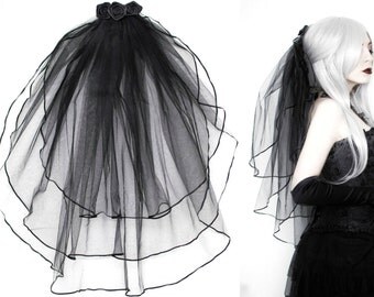 Black Gothic Veil "Victoria" - Three Tier Tulle Fishnet Roses Elegant Goth Accessory Headpiece Headdress