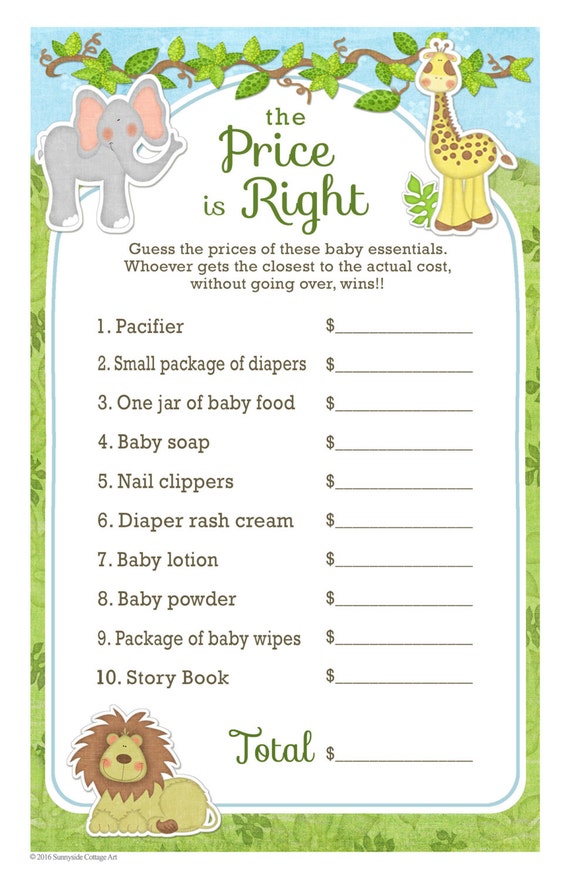 The Price is Right baby shower game safari/jungle themed the