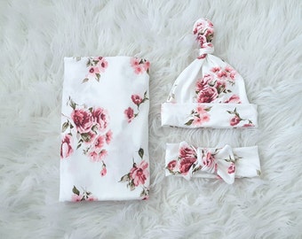 Baby swaddle set in Ivory white and Pink Floral, Luxury Collection, headband, baby photo prop, hospital set, baby gift, stretchy swaddle