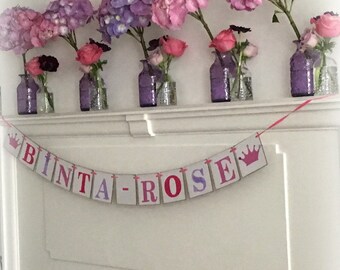 Name Banner/Personalized Banner/Girls bedroom decor/Personalized Garland/photo prop/nursery decoration/christening/naming ceremony/pinkcrown