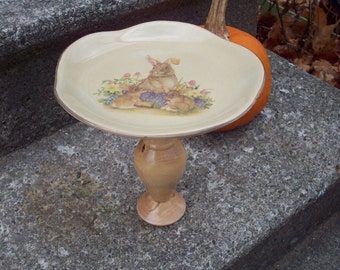 Cupcake stand, small cake dessert display stand, Mother Rabbit and babies ceramic plate with wooden base, Country woodland kitchen decor