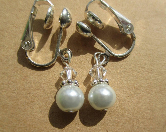 Flower girl earrings-Children's-clip on earrings-girls pearl jewelry-little girls-wedding gifts-sterling silver-Swarovski crystals-childs