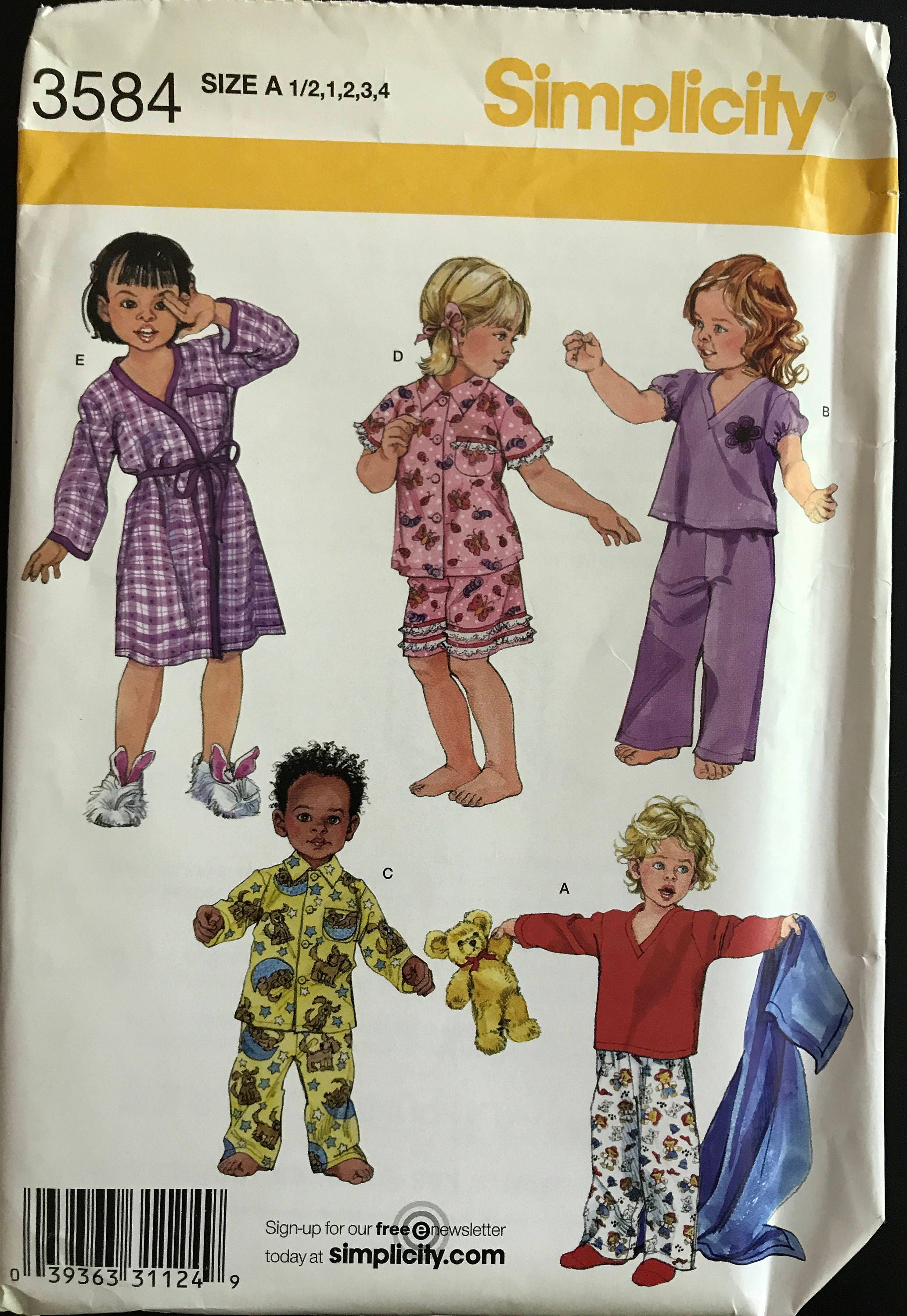 Simplicity 3584 Toddler's Pajama Set and Robe Size 1/2 1 2 3 4 from
