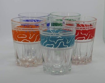 Atomic harlequin shot glasses, Vintage multi coloured drinking glasses
