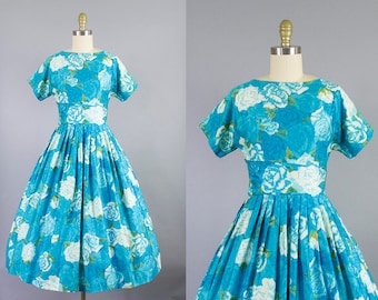 1950s blue rose dress/ 50s floral cotton day dress/ sundress/ small