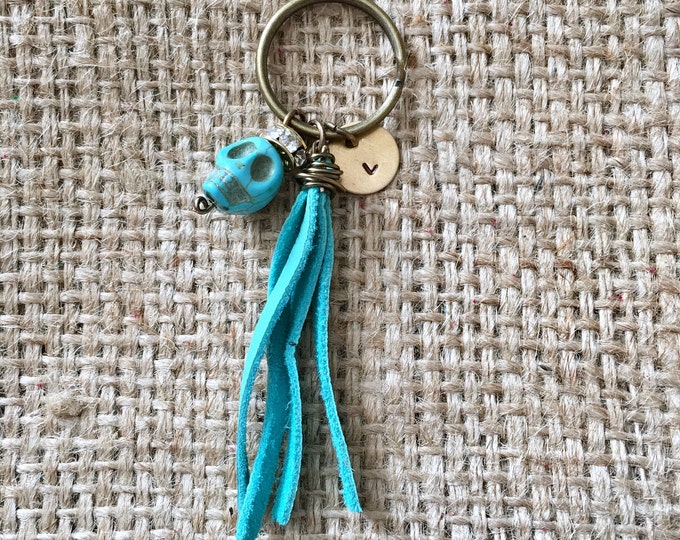 Blue Skull Keychain, Sugar Skull Keychain, Custom Skull Keyring, Initial Keychain, Stamped Keychain, Dia De Los Muertos, Initial Keyring