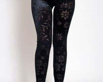 Black Velvet leggings with transparent flowers. Velvet Lace Gothic Pants. Floral Leggings.
