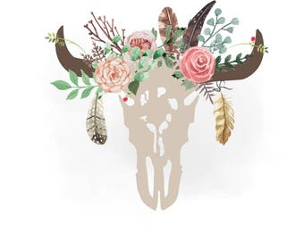 Gypsy cow skull svg clipart, Boho floral cow Skull Clipart, Texas, country, feathers SVG, Vector Svg Png Jpeg Eps Cricut & Silhouette
