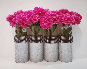 Wedding Centerpiece, Silver Decor, Silver Vases, Glitter Vases, Black and Silver, Wedding Decor, Christening, Bridal Shower, Baptism Decor