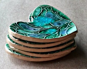 FIVE Ceramic Heart ring bowls Bridesmaid shower Baby shower itty bittys Peacock Green edged in gold